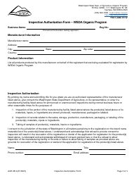 Document preview: Form AGR2814 Inspection Authorization Form - Wsda Organic Program - Washington