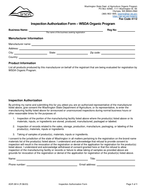 Form AGR2814 Inspection Authorization Form - Wsda Organic Program - Washington