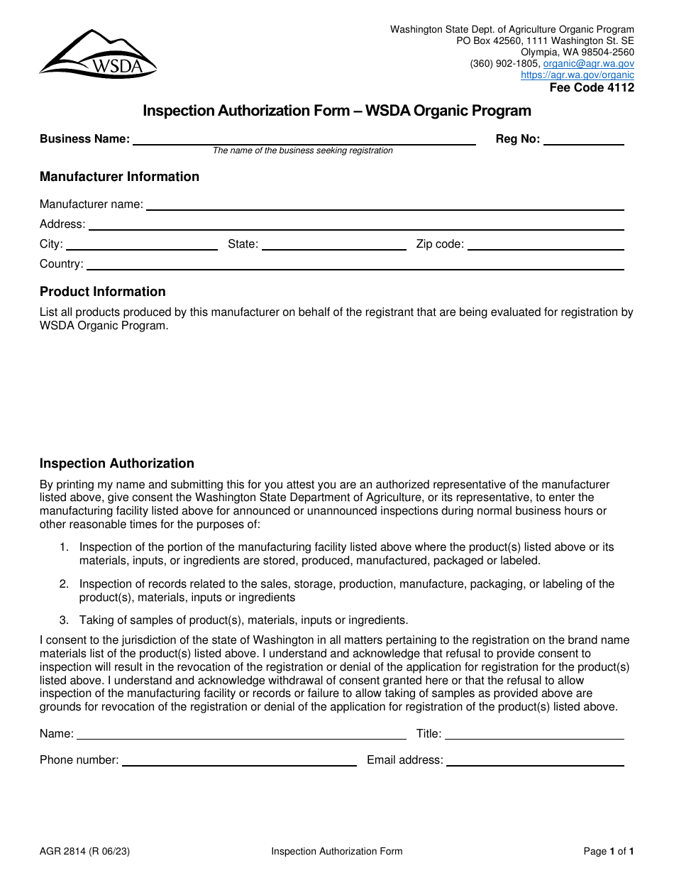 Form AGR2814 Inspection Authorization Form - Wsda Organic Program - Washington, Page 1