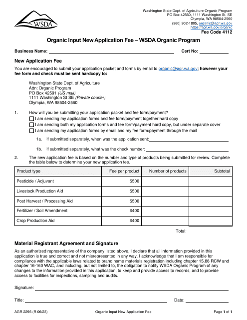 Form AGR2295 Organic Input New Application Fee - Wsda Organic Program - Washington