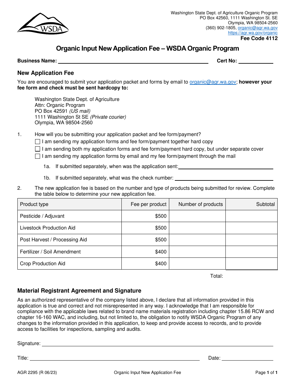 Form AGR2295 Organic Input New Application Fee - Wsda Organic Program - Washington, Page 1