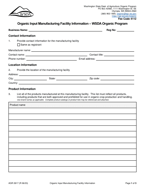 Form AGR2817 Organic Input Manufacturing Facility Information - Wsda Organic Program - Washington