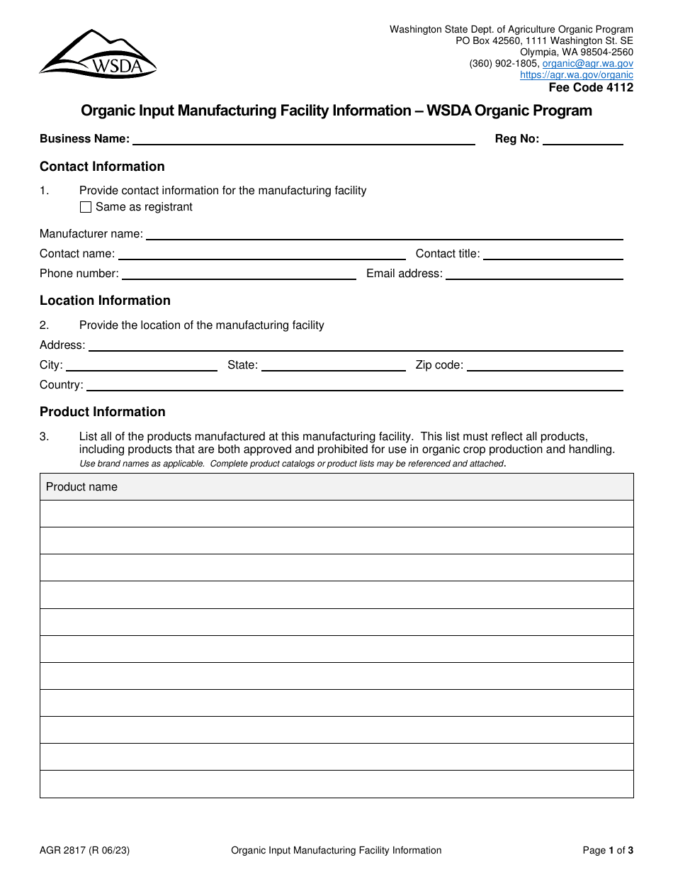 Form AGR2817 Organic Input Manufacturing Facility Information - Wsda Organic Program - Washington, Page 1