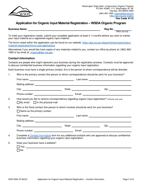 Form AGR2293 Application for Organic Input Material Registration - Wsda Organic Program - Washington
