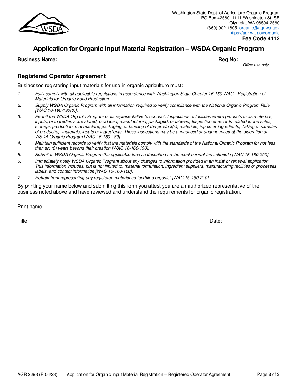Form AGR2293 Application for Organic Input Material Registration - Wsda Organic Program - Washington, Page 3