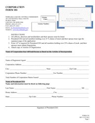 Document preview: Form 101 Application for Liquor License - Corporation - Nebraska