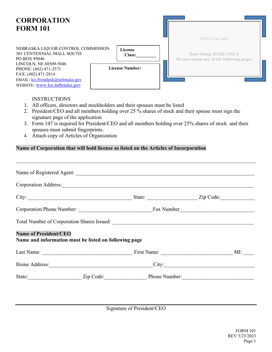 Form 101 Application for Liquor License - Corporation - Nebraska, Page 1