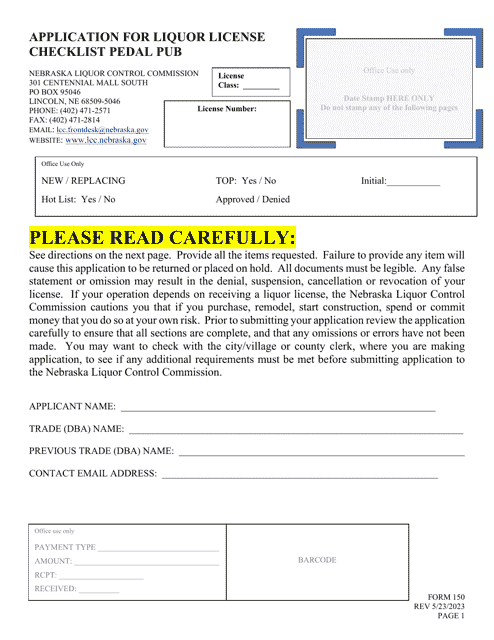 Form 150 Application for Liquor License - Pedal Pub - Nebraska