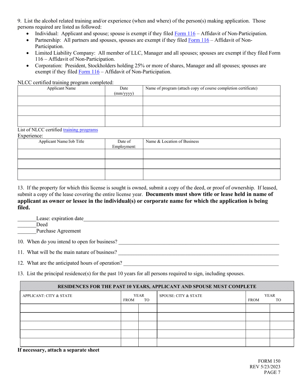 Form 150 Application for Liquor License - Pedal Pub - Nebraska, Page 7