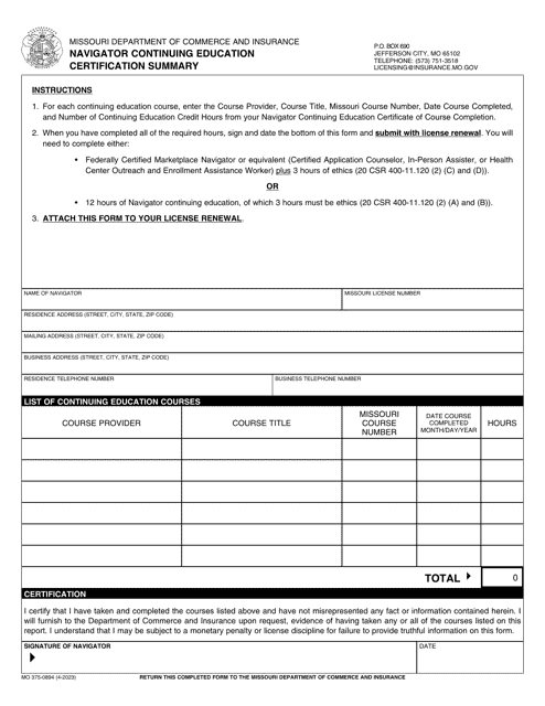 Form MO375-0894 Navigator Continuing Education Certification Summary - Missouri