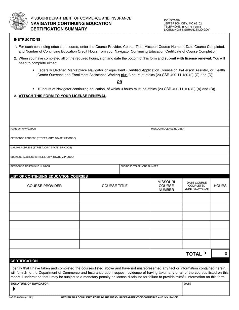 Form MO375-0894 Navigator Continuing Education Certification Summary - Missouri, Page 1
