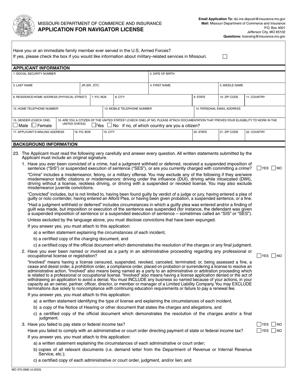 Form MO375-0892 Application for Navigator License - Missouri, Page 1