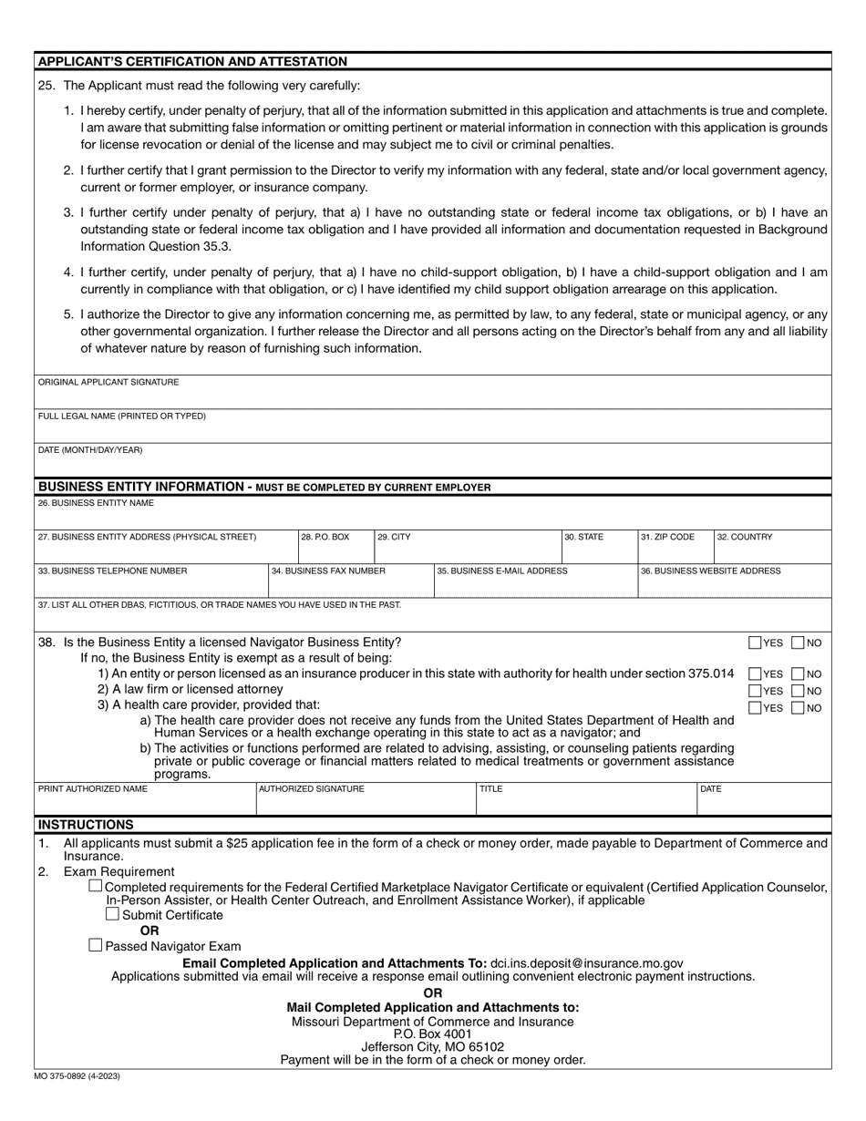 Form MO375-0892 Application for Navigator License - Missouri, Page 3