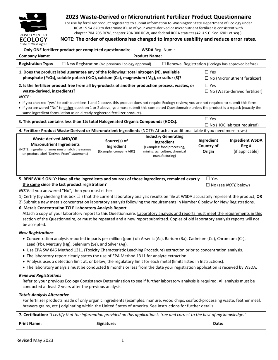 Waste-Derived or Micronutrient Fertilizer Product Questionnaire - Washington, Page 1