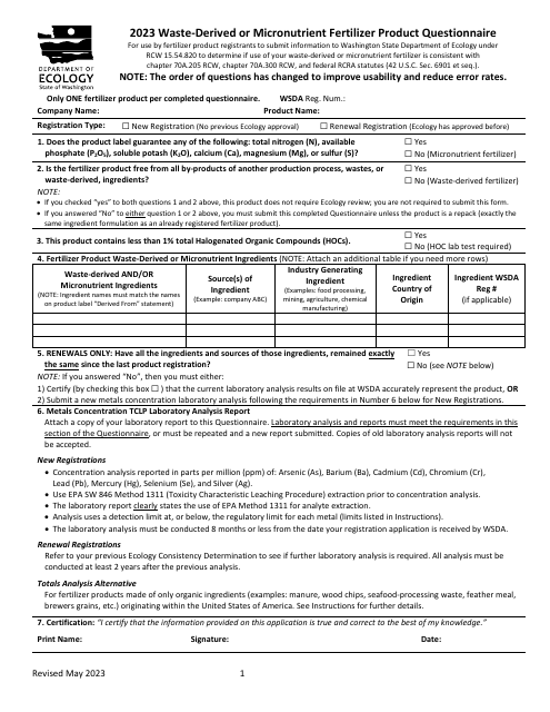 Waste-Derived or Micronutrient Fertilizer Product Questionnaire - Washington Download Pdf