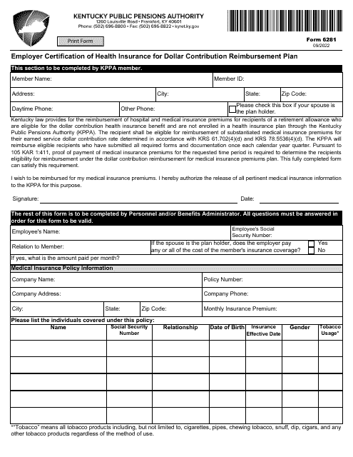 Form 6281 Employer Certification of Health Insurance for Dollar Contribution Reimbursement Plan - Kentucky