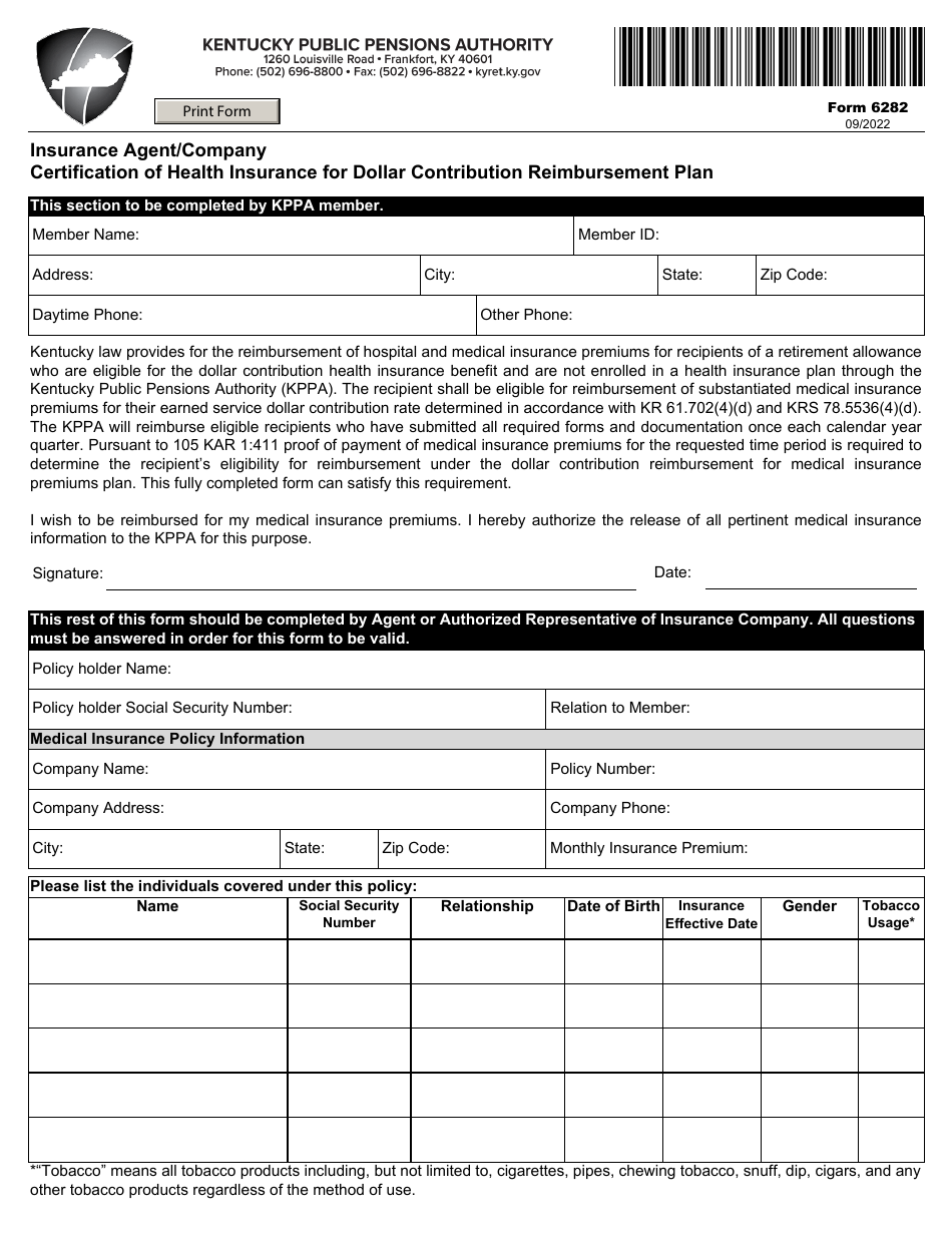 Form 6282 Insurance Agent / Company Certification of Health Insurance for Dollar Contribution Reimbursement Plan - Kentucky, Page 1