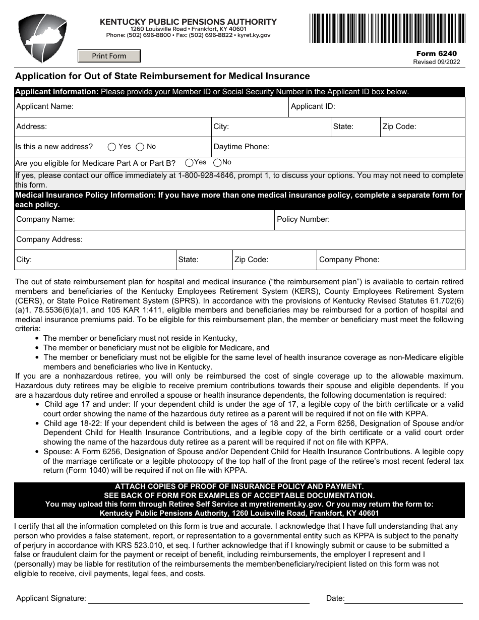 Form 6240 Application for out of State Reimbursement for Medical Insurance - Kentucky, Page 1