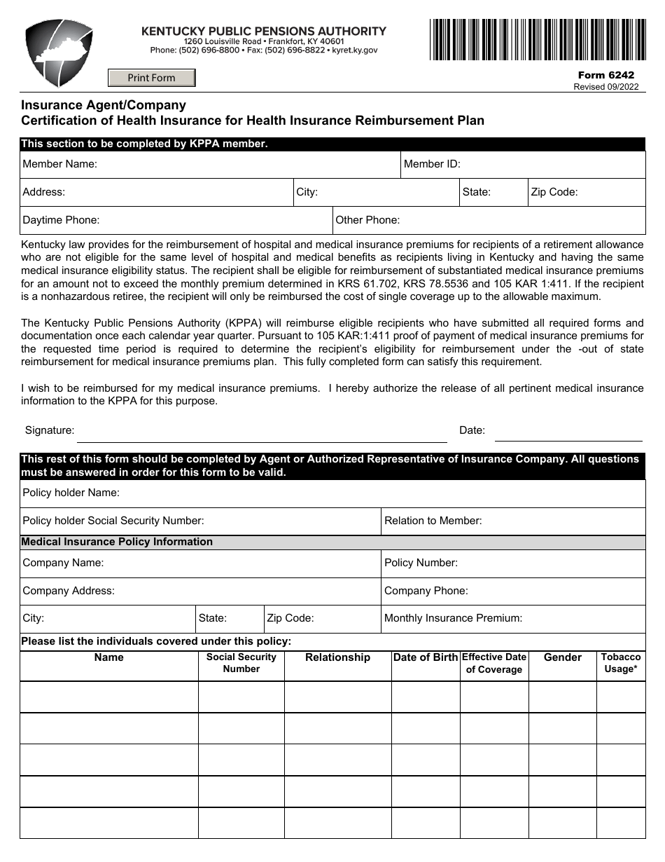 Form 6242 Insurance Agent / Company Certification of Health Insurance for Health Insurance Reimbursement Plan - Kentucky, Page 1