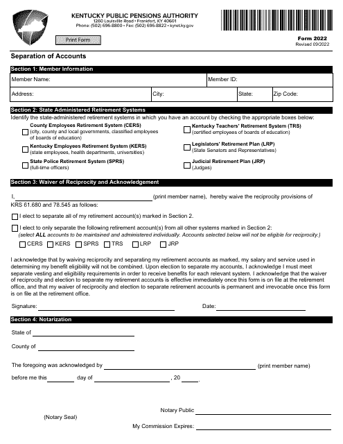 Form 2022 Separation of Accounts - Kentucky