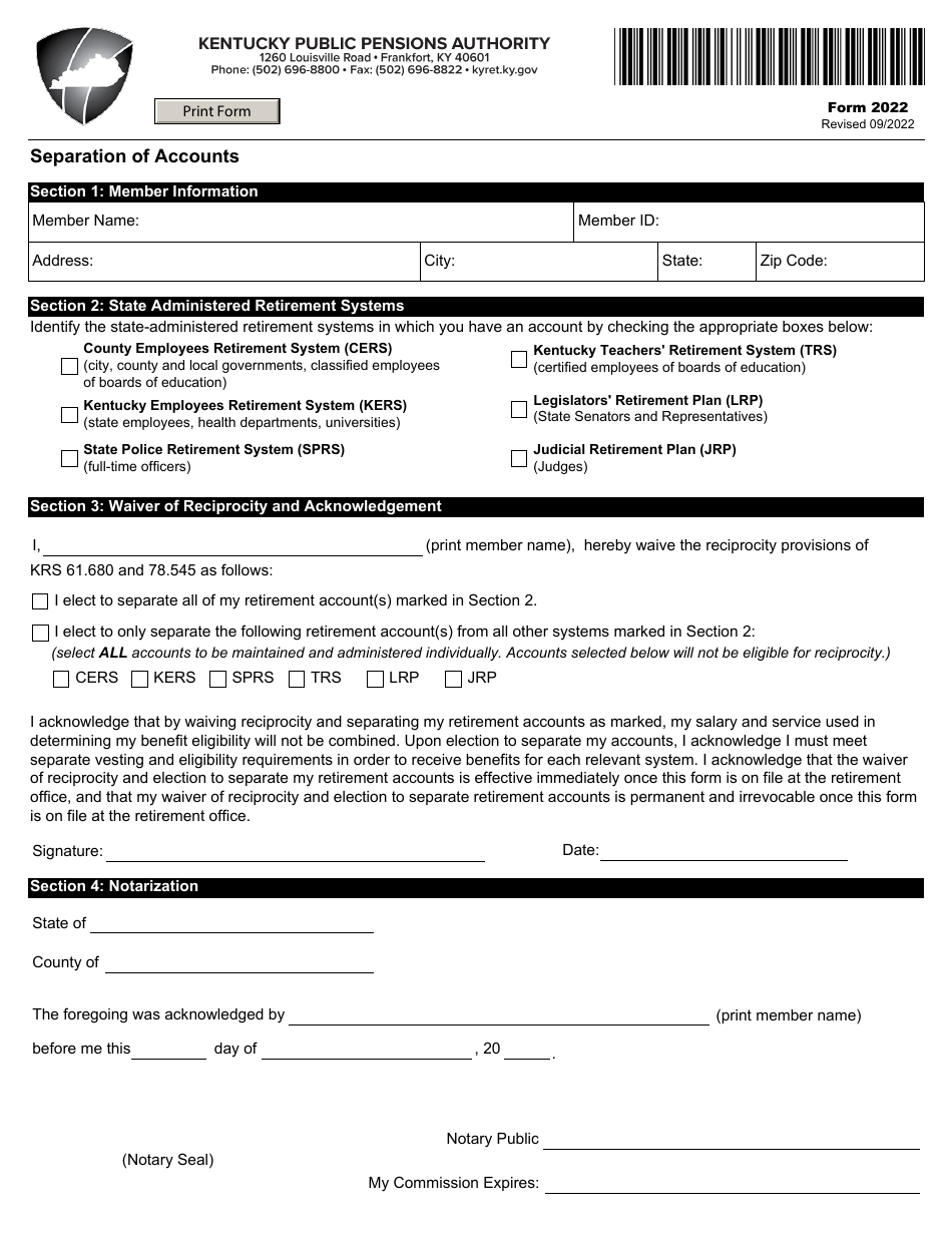 Form 2022 Separation of Accounts - Kentucky, Page 1
