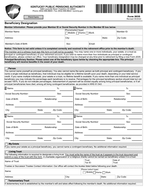 Form 2035 Beneficiary Designation - Kentucky