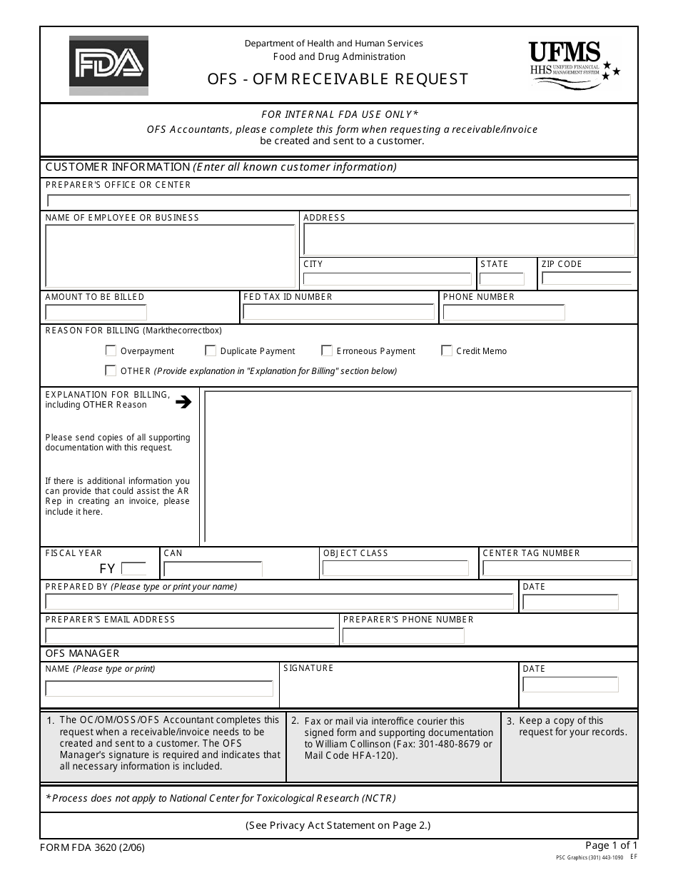 Form FDA3620 Ofs - Ofm Receivable Request, Page 1