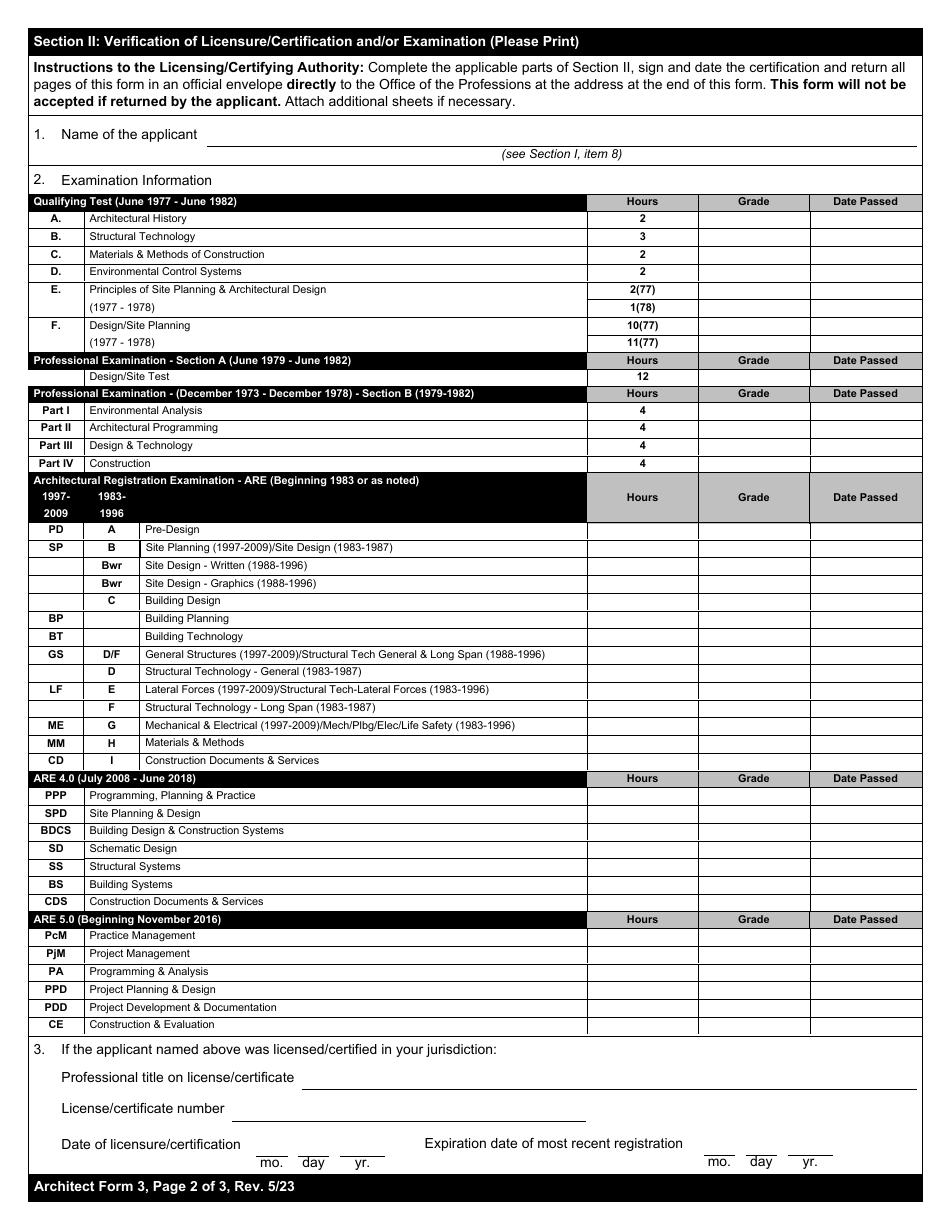 Architect Form 3 Verification of Other Professional Licensure / Certification and / or Examination - New York, Page 2