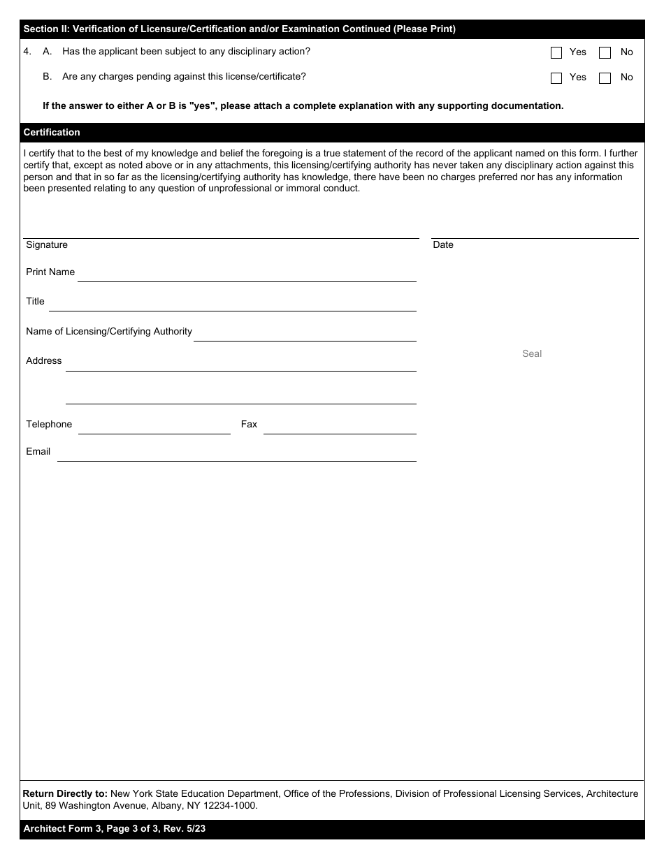 Architect Form 3 Verification of Other Professional Licensure / Certification and / or Examination - New York, Page 3