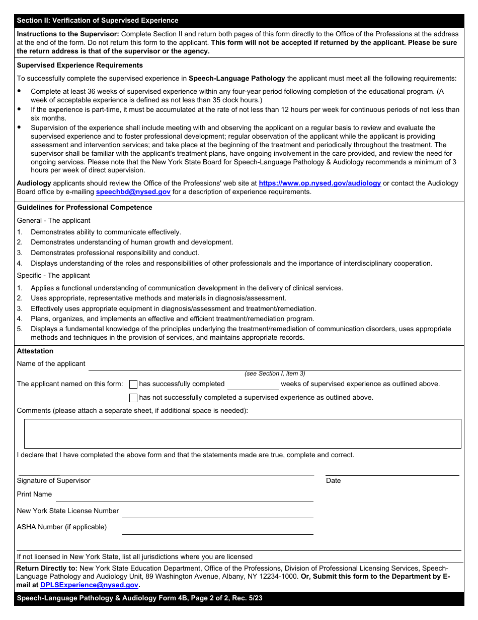 Speech-Language Pathology  Audiology Form 4B Record of Supervised Experience - New York, Page 2