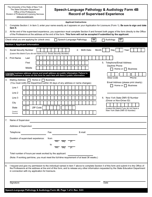 Speech-Language Pathology & Audiology Form 4B  Printable Pdf