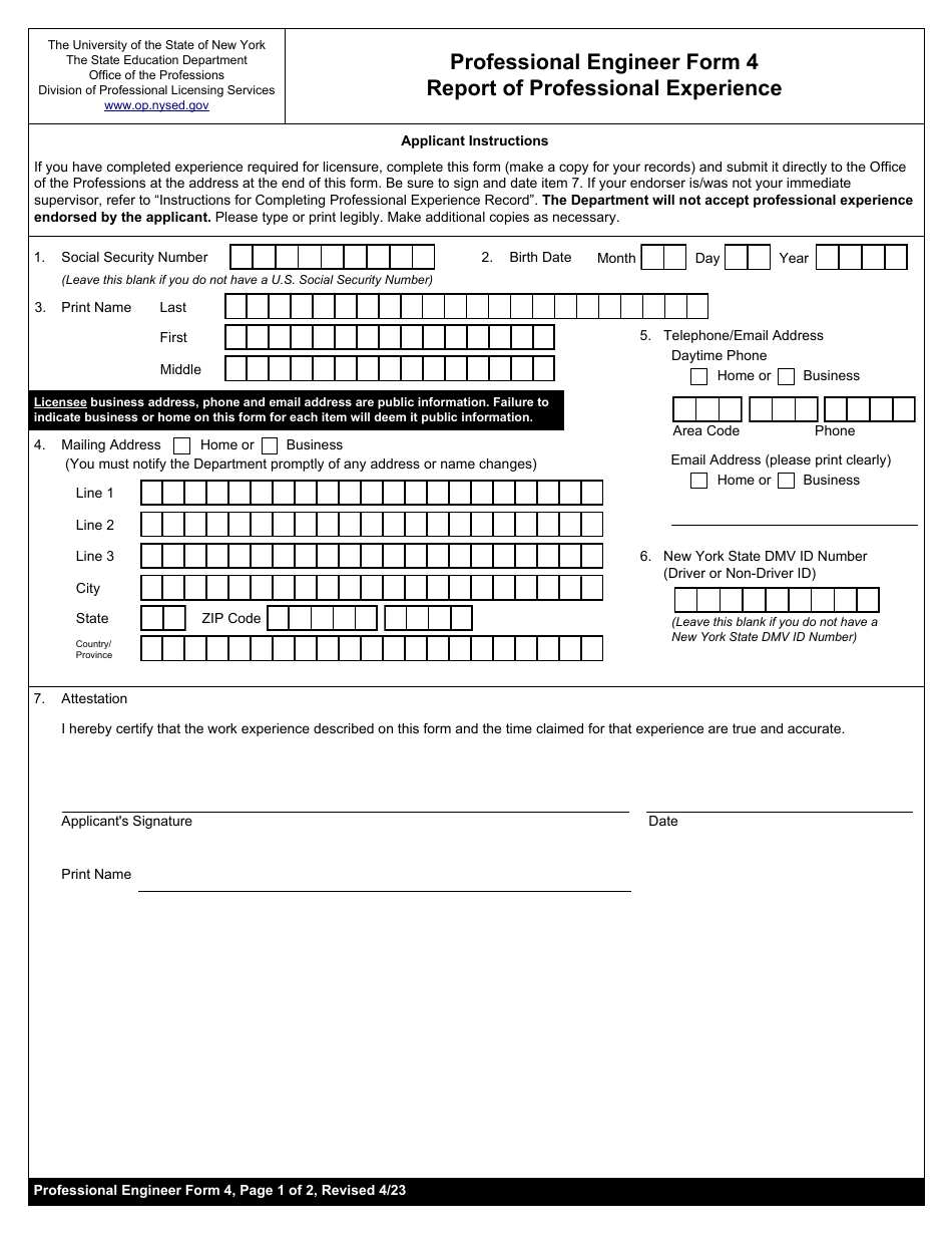 Professional Engineering Form 4 Report of Professional Experience - New York, Page 1