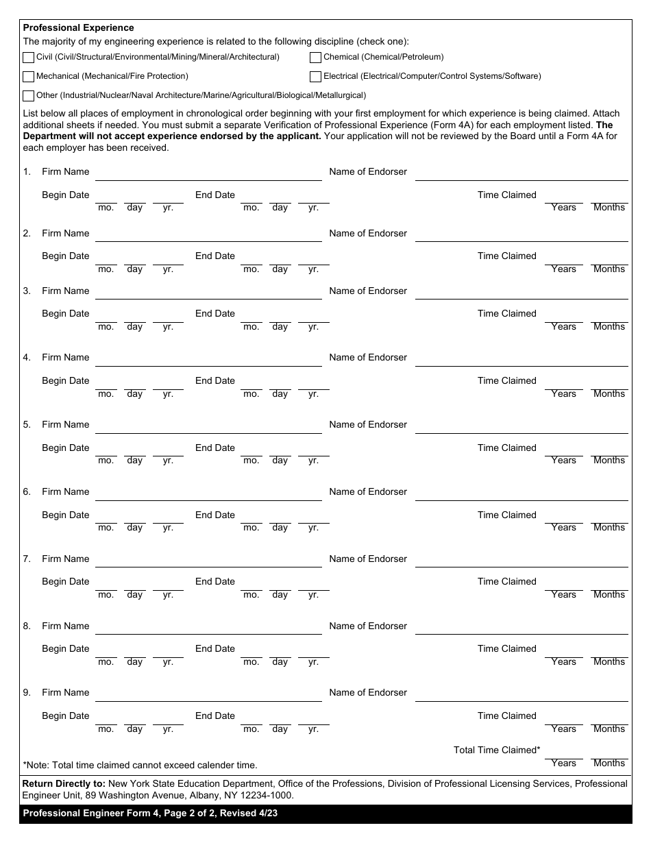 Professional Engineering Form 4 Report of Professional Experience - New York, Page 2