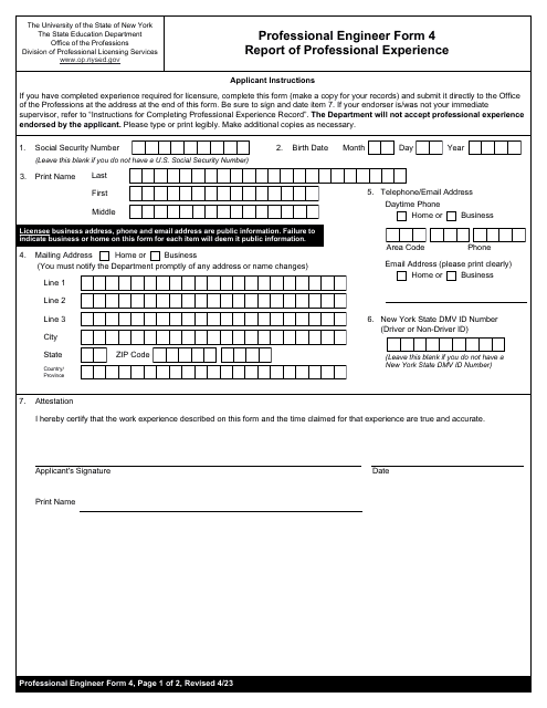 Professional Engineering Form 4 Report of Professional Experience - New York