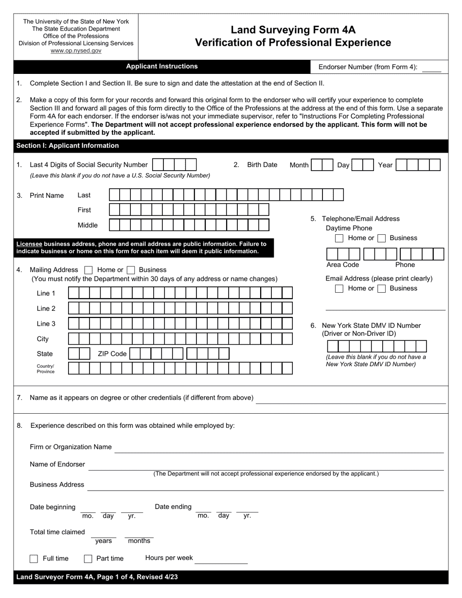 Land Surveyor Form 4A Verification of Professional Experience - New York, Page 1