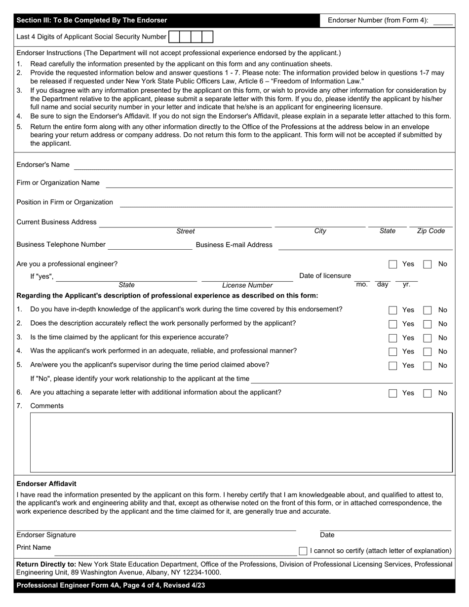 Professional Engineering Form 4A Verification of Professional Experience - New York, Page 4