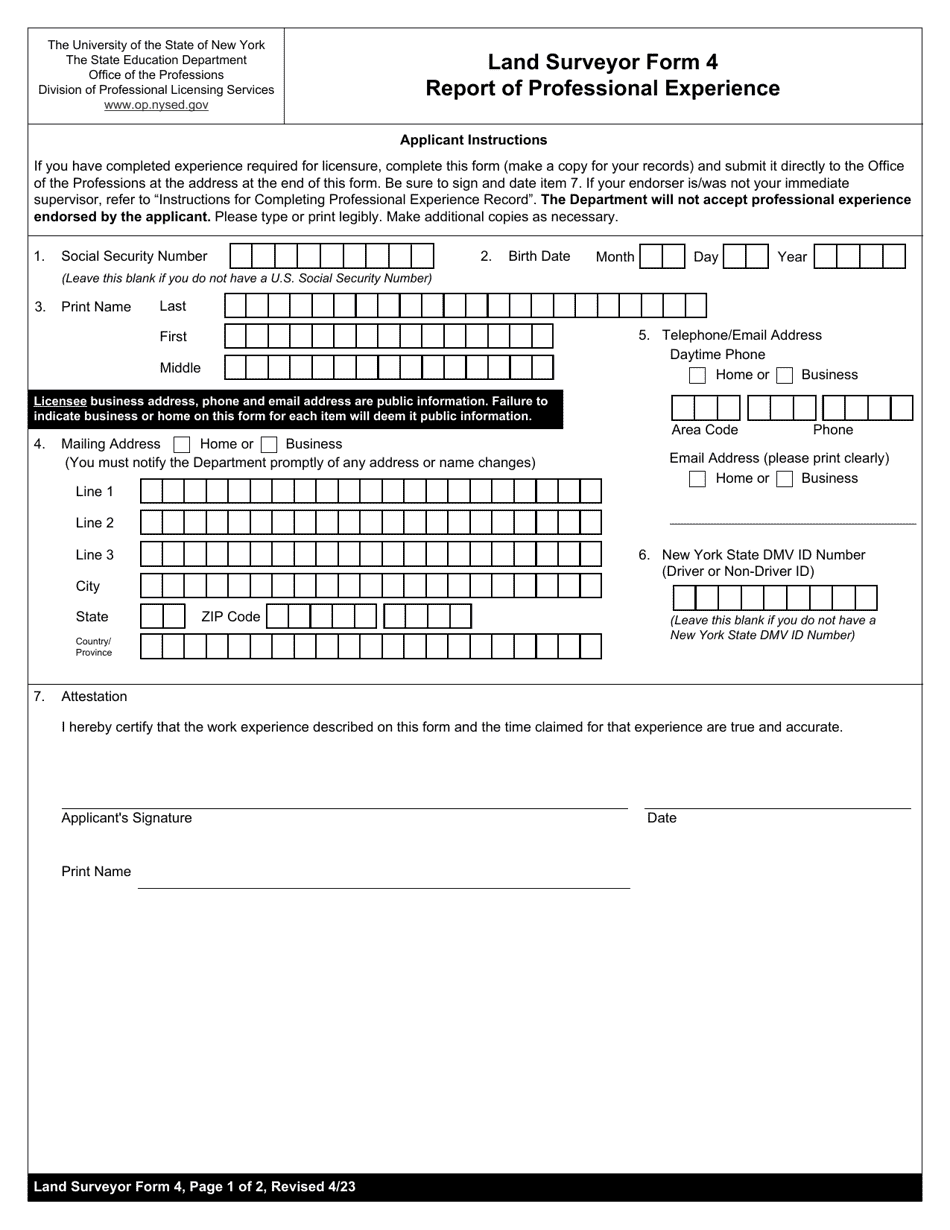 Land Surveyor Form 4 Report of Professional Experience - New York, Page 1