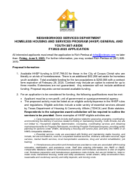 Document preview: Homeless Housing and Services Program (Hhsp) General and Youth Set-Aside Application - City of Corpus, Texas