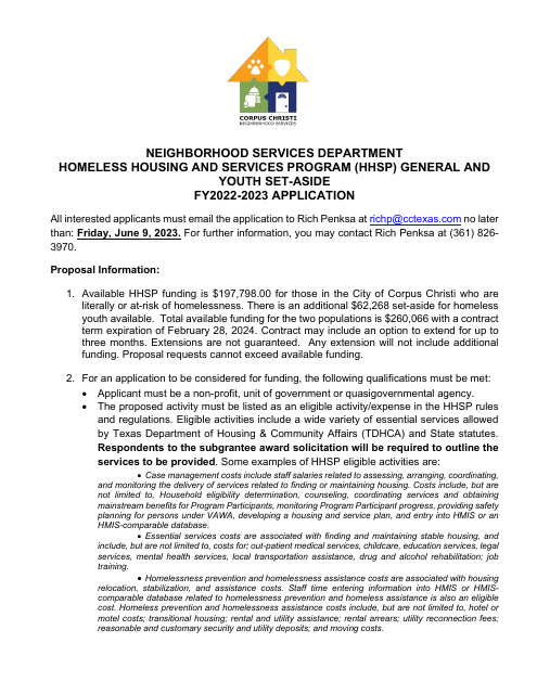 Homeless Housing and Services Program (Hhsp) General and Youth Set-Aside Application - City of Corpus, Texas, 2023