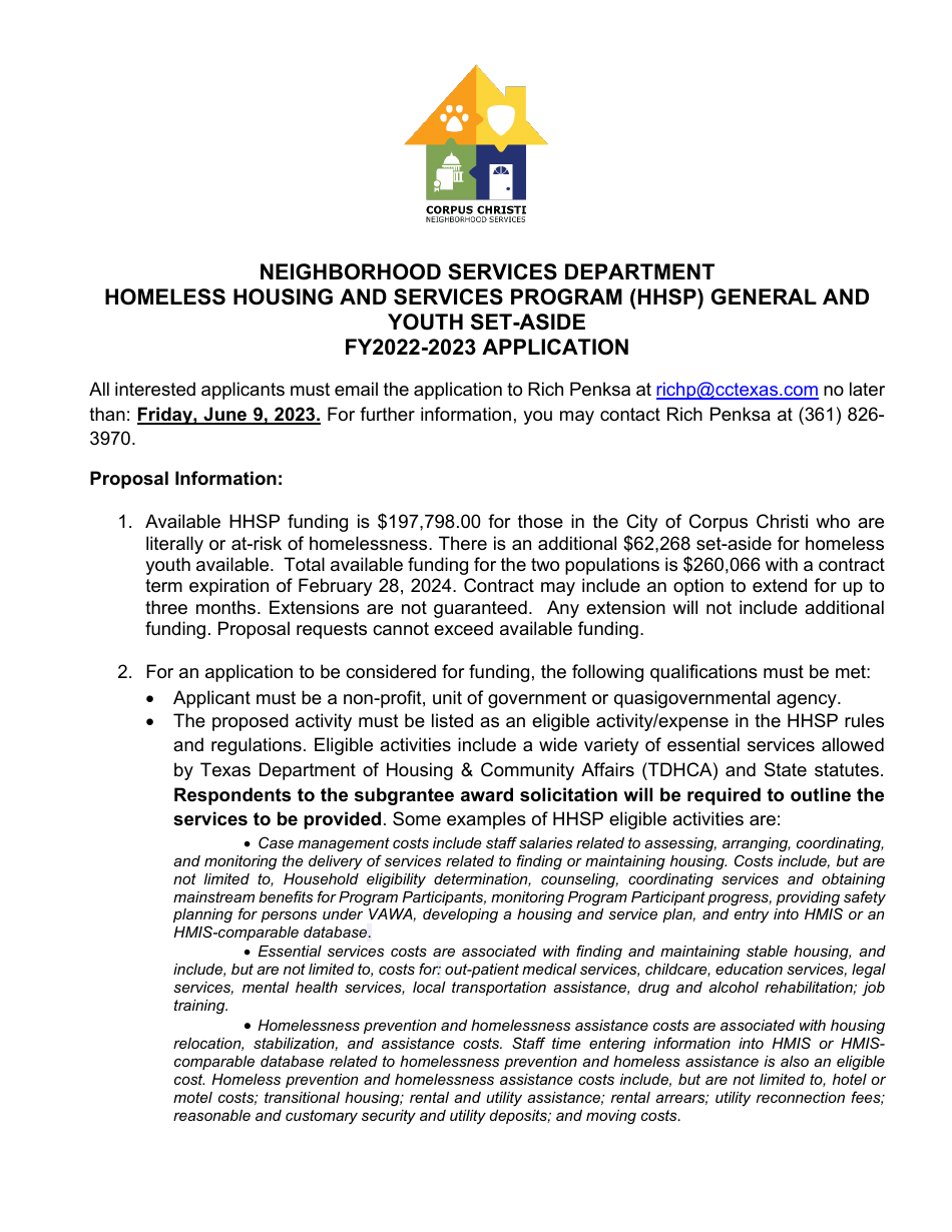 Homeless Housing and Services Program (Hhsp) General and Youth Set-Aside Application - City of Corpus, Texas, Page 1