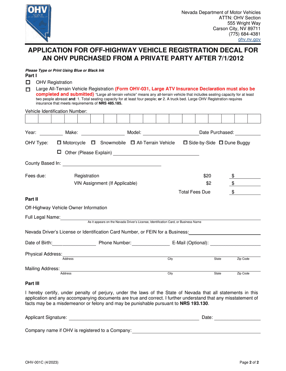 Form OHV-001C Application for Off-Highway Vehicle Registration Decal for an OHV Purchased From a Private Party After 7 / 1 / 2012 - Nevada, Page 2