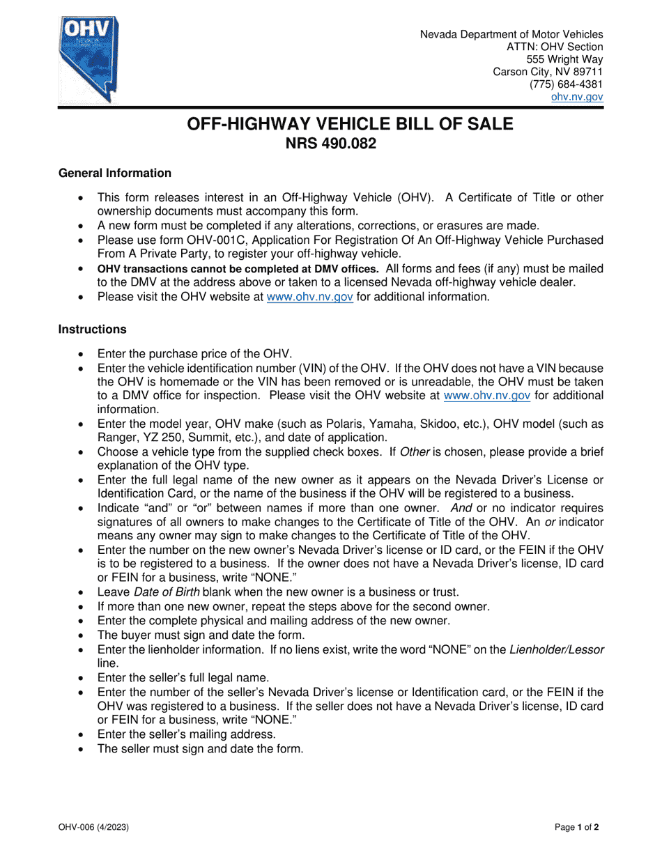 Form OHV-006 - Fill Out, Sign Online and Download Fillable PDF, Nevada ...