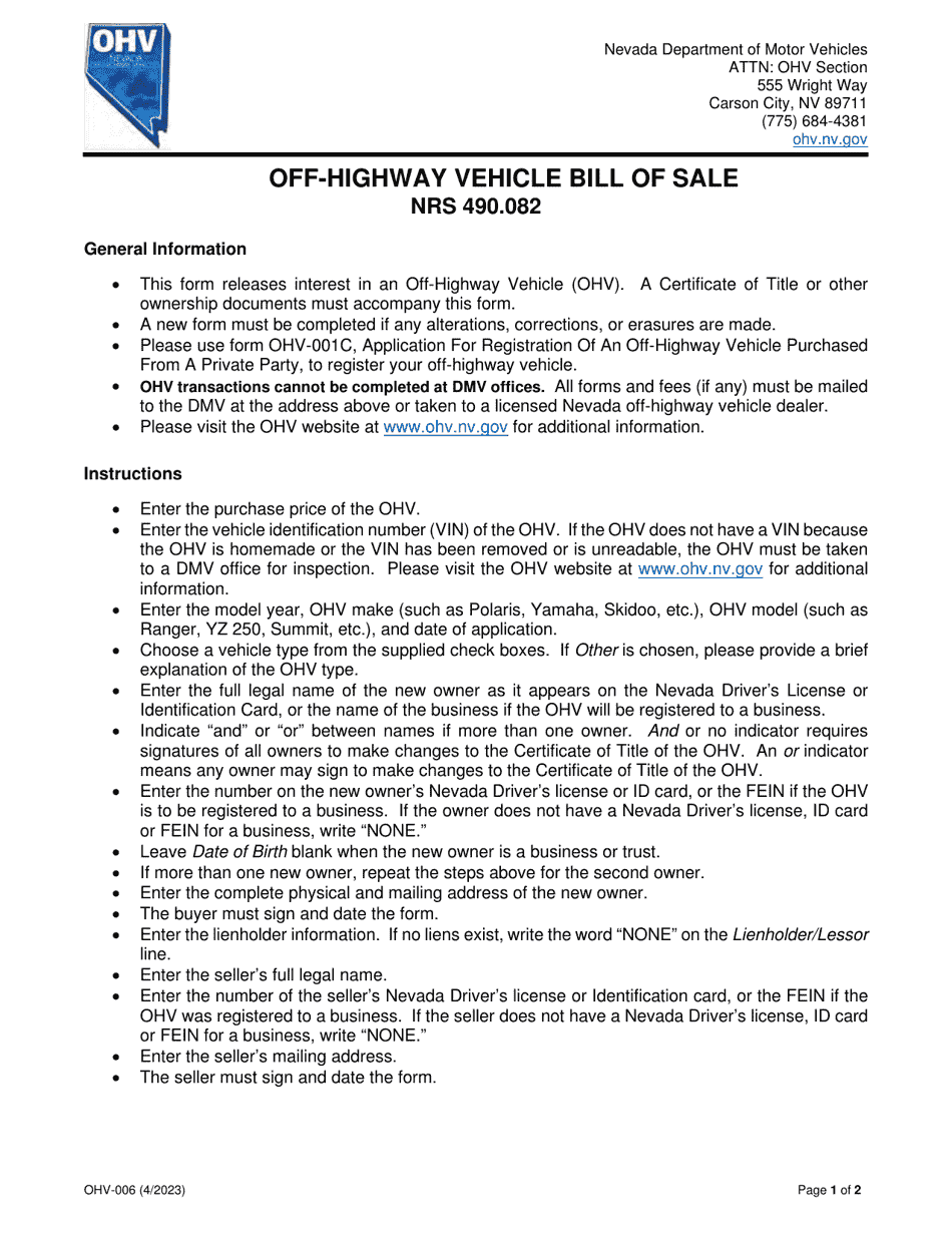 Form OHV-006 Off-Highway Vehicle Bill of Sale - Nevada, Page 1