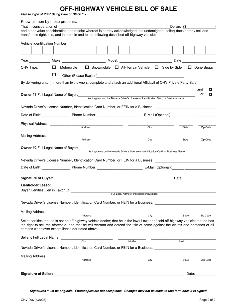 Form OHV-006 - Fill Out, Sign Online and Download Fillable PDF, Nevada ...