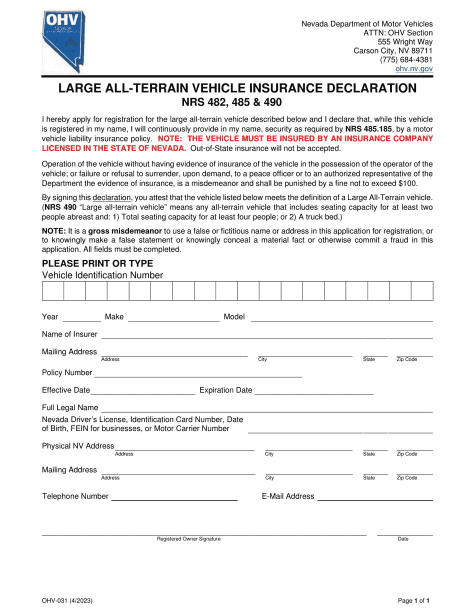 Form OHV-031 Large All-terrain Vehicle Insurance Declaration - Nevada, Page 1