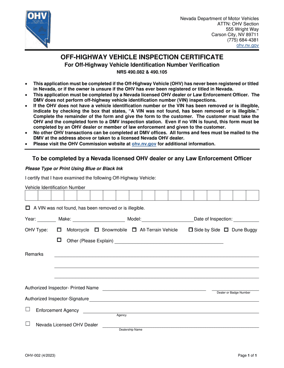 Form OHV-002 Off-Highway Vehicle Inspection Certificate for Off-Highway Vehicle Identification Number Verification - Nevada, Page 1