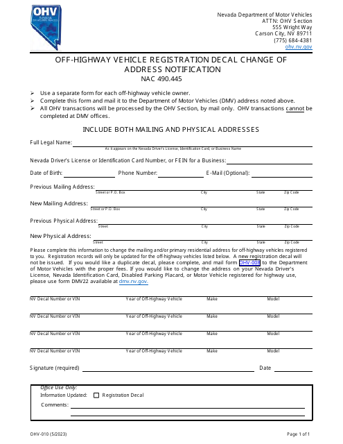 Form OHV-010 Off-Highway Vehicle Registration Decal Change of Address Notification - Nevada