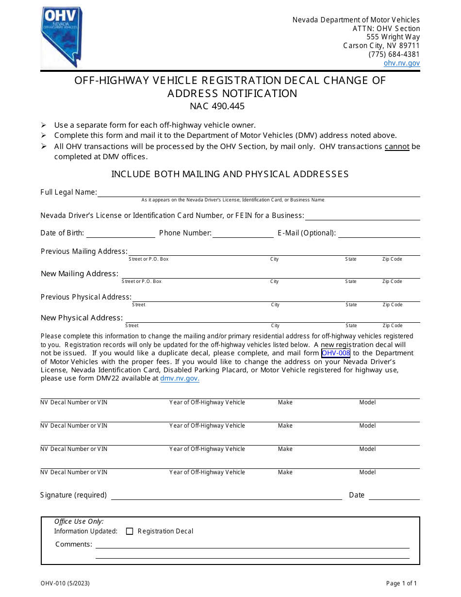 Form OHV-010 Off-Highway Vehicle Registration Decal Change of Address Notification - Nevada, Page 1