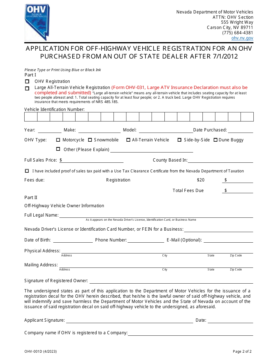 Form OHV-001D Application for Off-Highway Vehicle Registration Decal for an OHV Purchased From an out of State Dealer After 7 / 1 / 2012 - Nevada, Page 2
