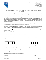 Document preview: Form OHV-022 Transfer on Death Application for an Off-Highway Vehicle - Nevada
